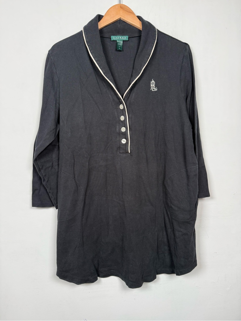Lauren Ralph Lauren Black Cotton Jersey Sleep Shirt Shawl Collar White Trim XL